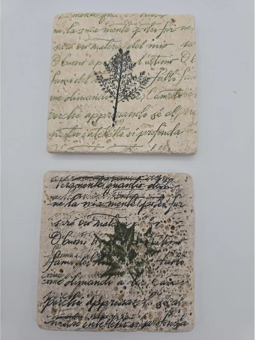 Vintage Style Botanical Travertine Tile Coaster Set 4 Handmade Cottagecore Decor